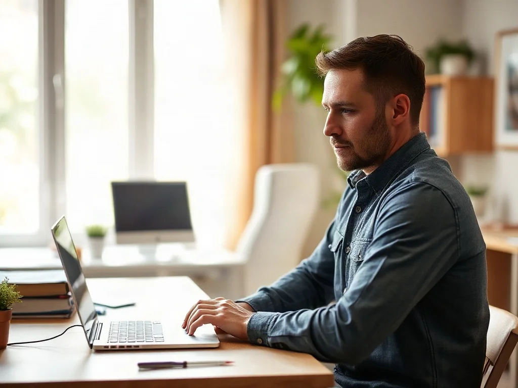 Mężczyzna przy laptopie w domowym biurze sprawdza dokumenty online, korzystając z portalu dla rolników.