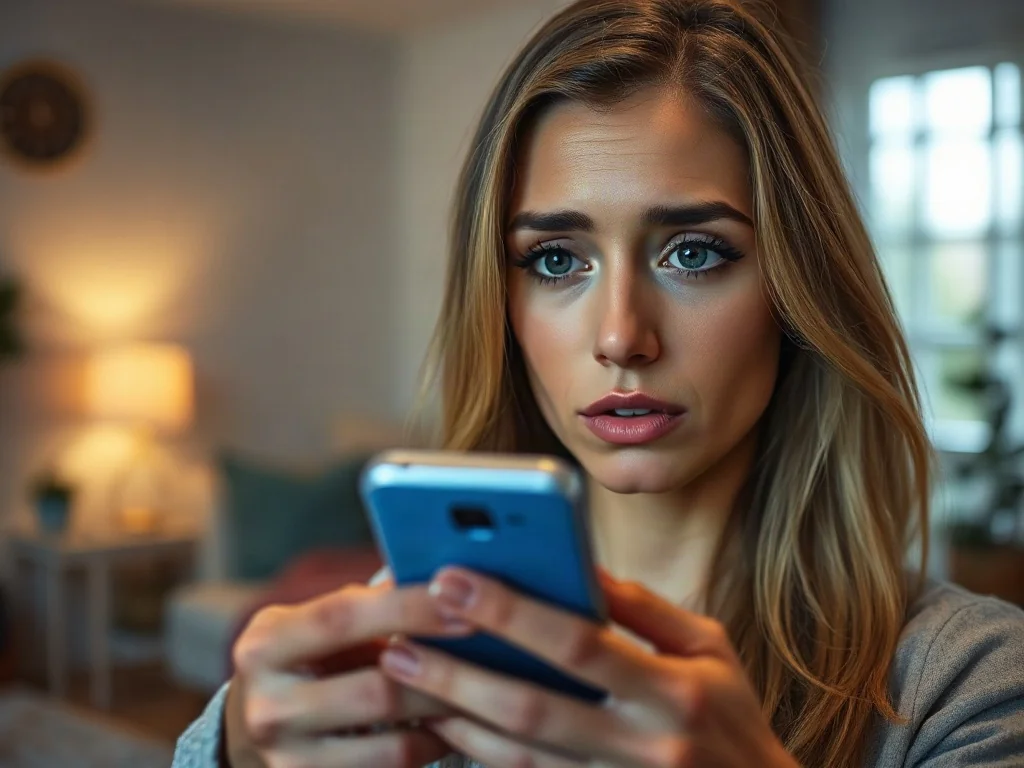 Zaniepokojona kobieta trzymająca smartfon z podejrzanym powiadomieniem, ilustrująca zagrożenia oszustwami na Vinted.