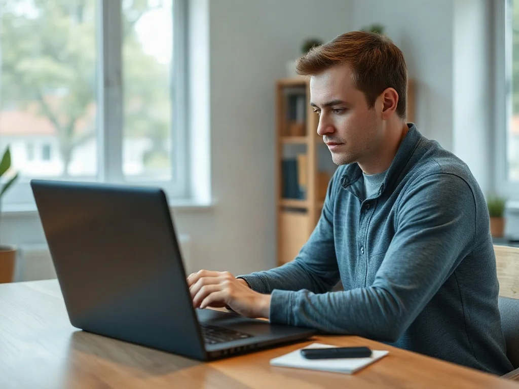 Mężczyzna korzystający z laptopa w domowym biurze, logujący się do rządowego portalu podatkowego.
