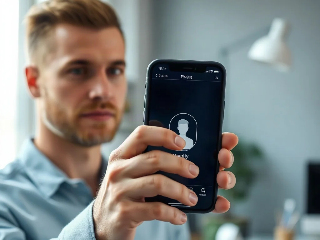 Mężczyzna używa smartfona z cyfrowym identyfikatorem, logując się do systemu w nowoczesnym biurze.